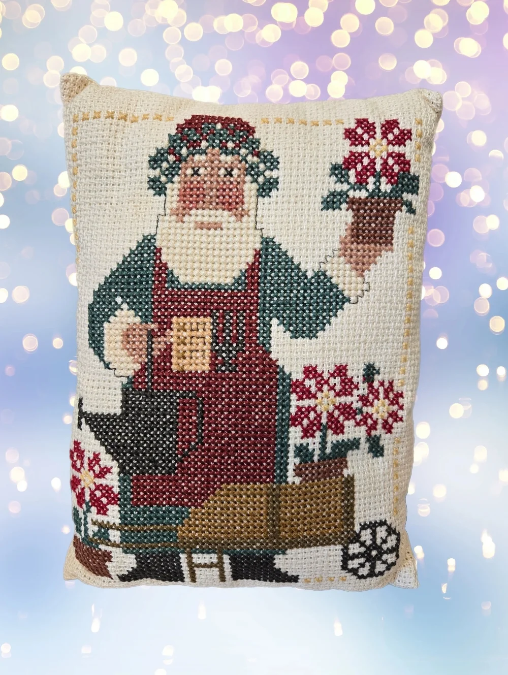 Vintage Needlepoint Santa Pillow Gardening Theme Accent Decor Christmas Holiday